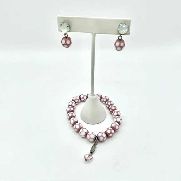 Sabika Stretch Bracelet & Earrings Set S14 Pinky Mauve & Cream Polka Dots - Picture 4 of 11